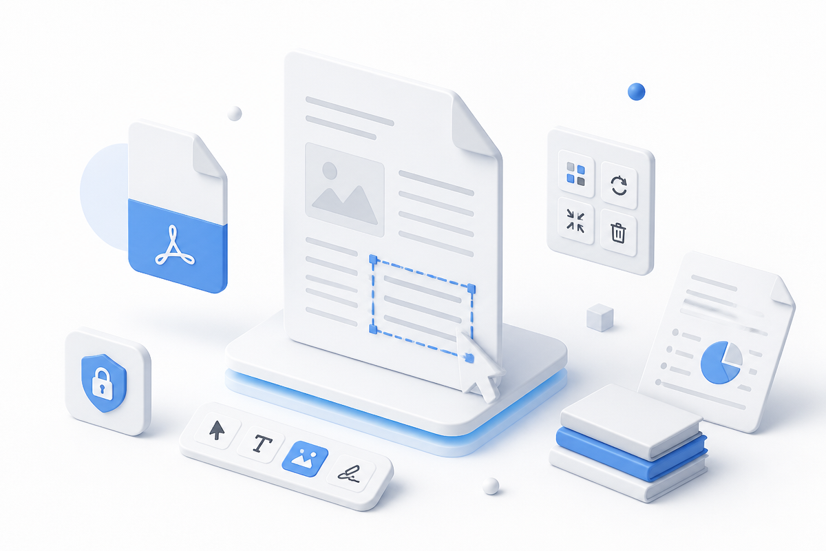 PDF tools illustration showing document editing and conversion features